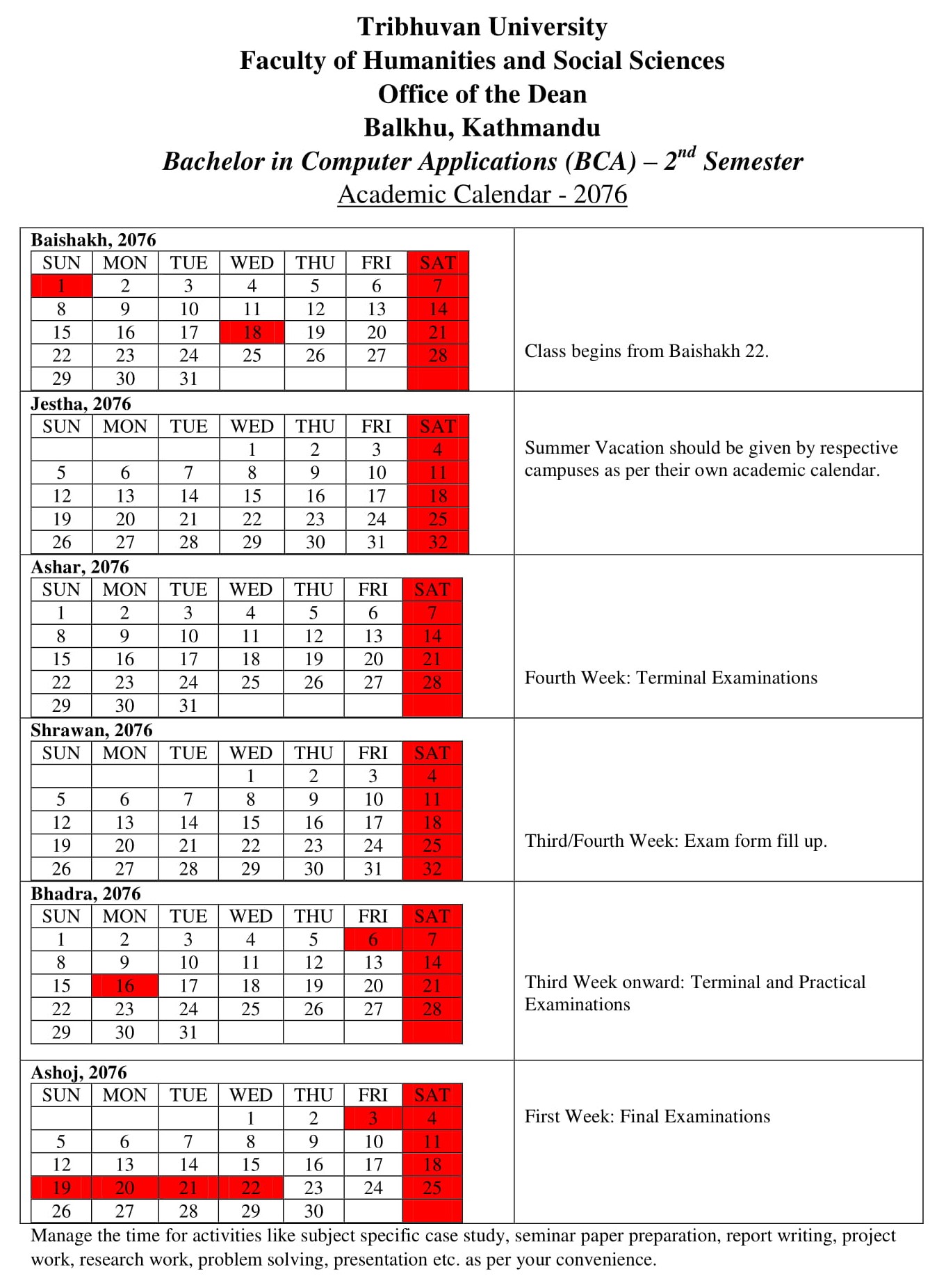 BCA Second Semester Academic Calendar 2076 Tribhuvan University